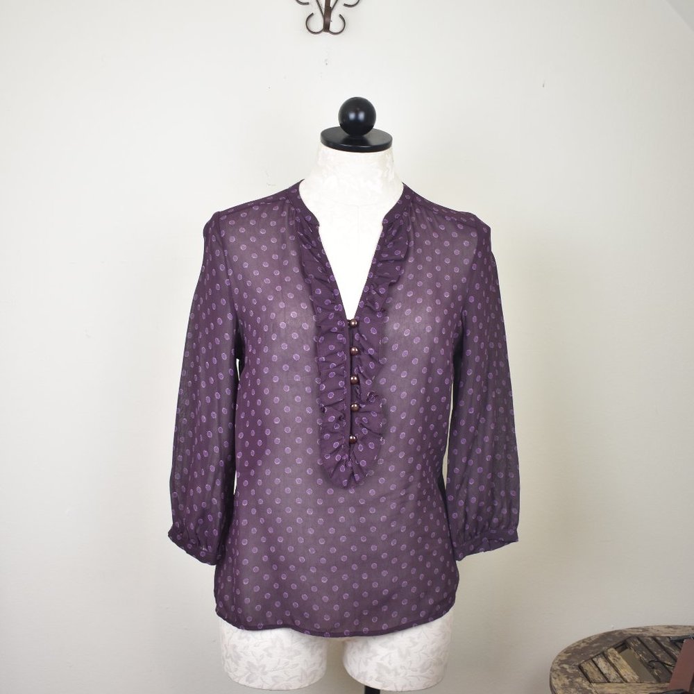 Boden Eggplant Polka Dot Button Ruffle Sheer Top